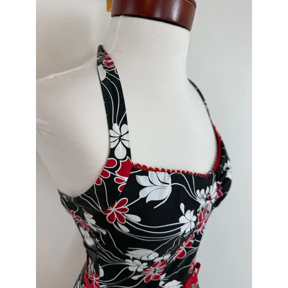 Rampage‎ Floral Halter Dress Red White Y2K Rockabilly Pinup Retro Tulle Sz 3 XS